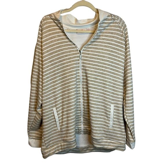 Quacker Factory Sweatshirt Women's‎ Size XL Stripes Cream White Rhinestone - Picture 1 of 4